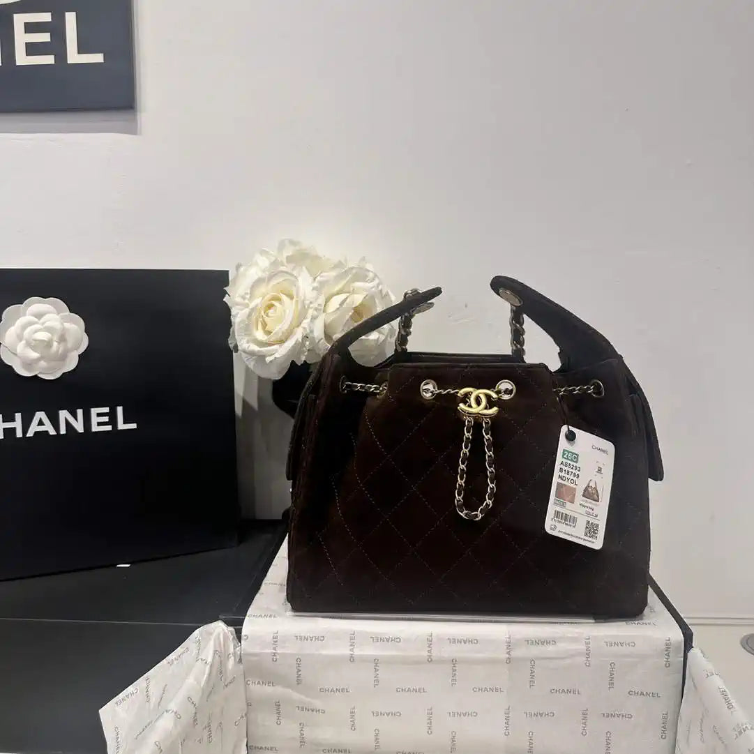 Chanel AS5293 Small Hobo Velvet & Gold-Tone Metal Brown