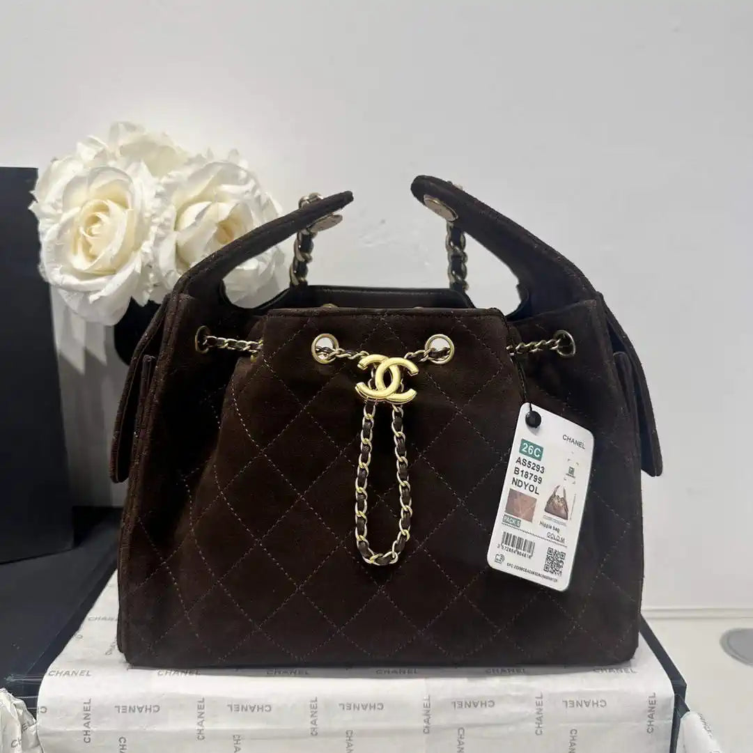 Chanel AS5293 Small Hobo Velvet & Gold-Tone Metal Brown