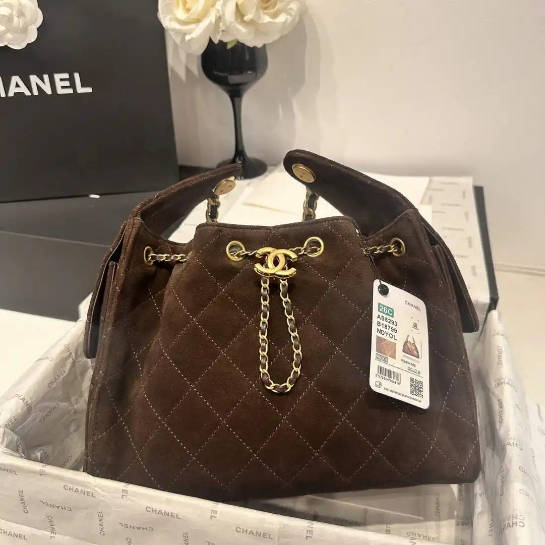Chanel AS5293 Small Hobo Velvet & Gold-Tone Metal Brown