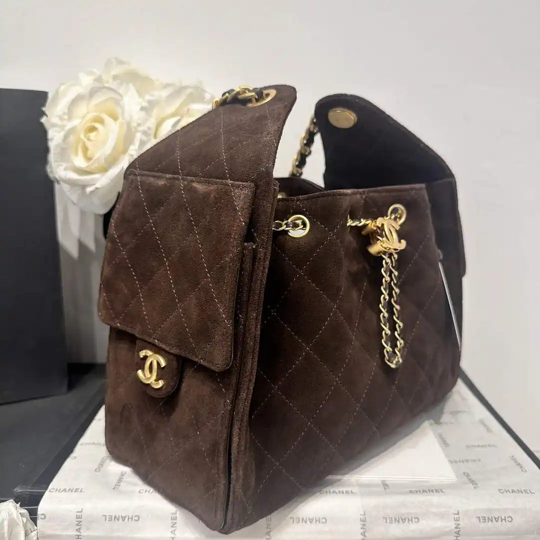 Chanel AS5293 Small Hobo Velvet & Gold-Tone Metal Brown