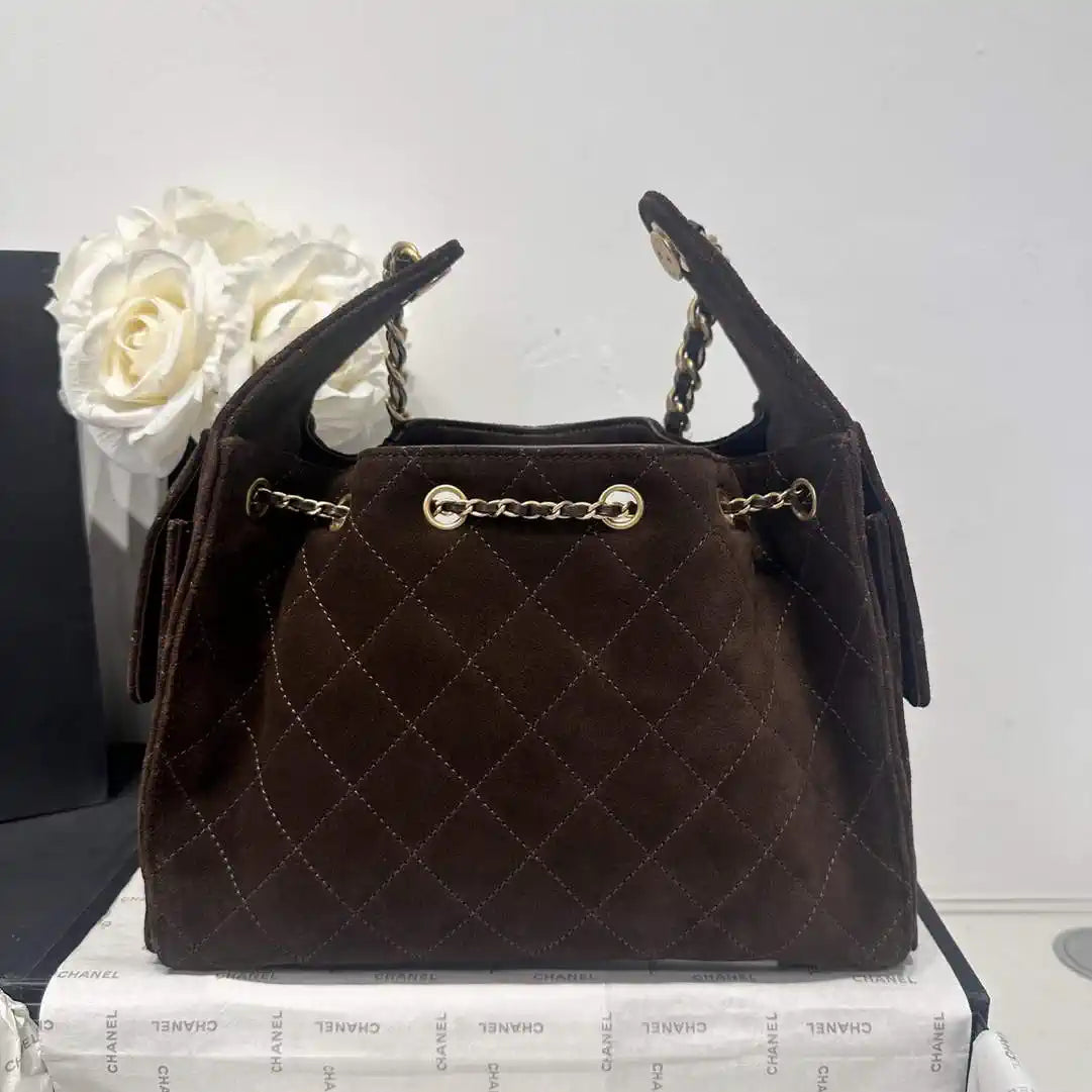 Chanel AS5293 Small Hobo Velvet & Gold-Tone Metal Brown