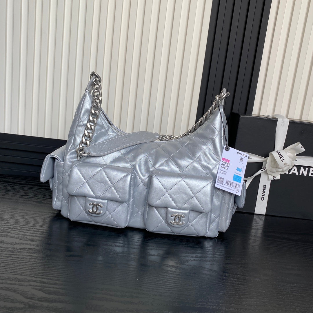 Chanel AS5302 Hobo Shiny Lambskin & Silver-Tone Metal Silver