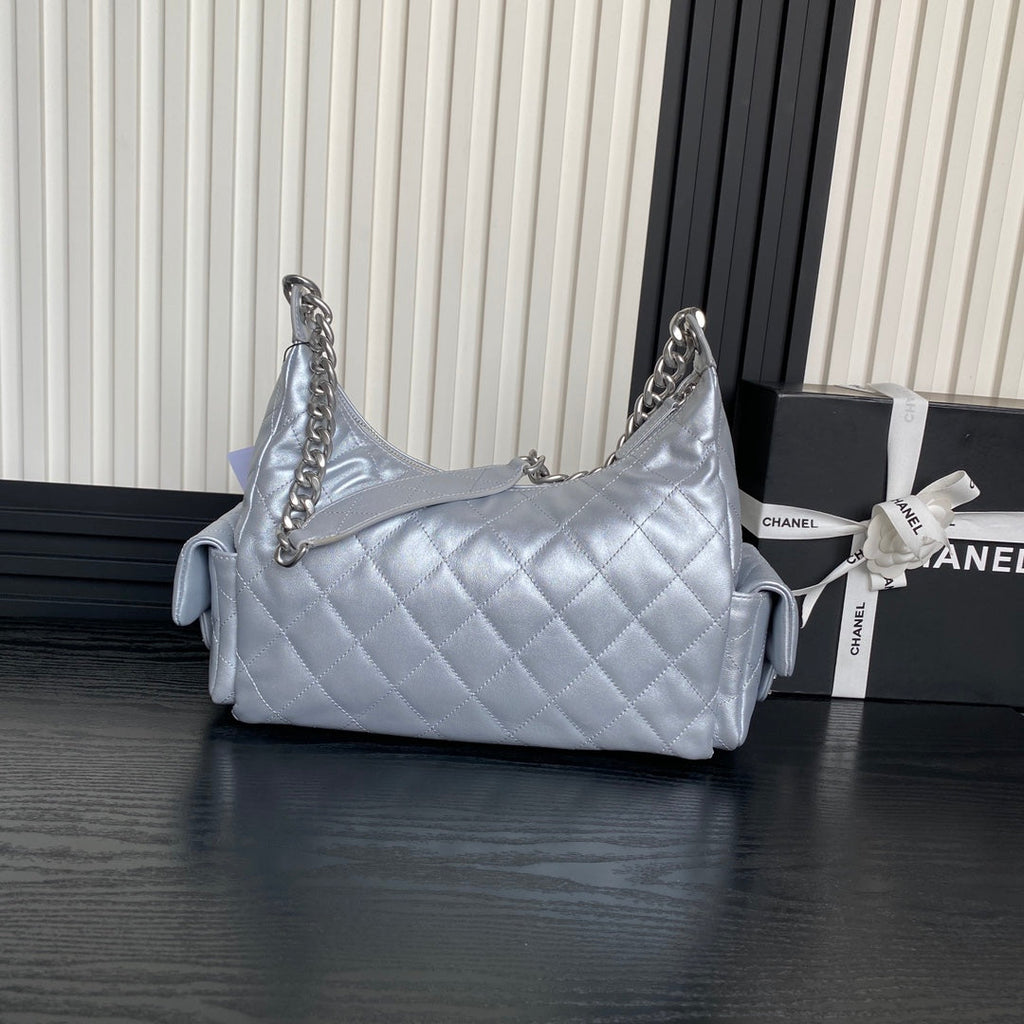 Chanel AS5302 Hobo Shiny Lambskin & Silver-Tone Metal Silver