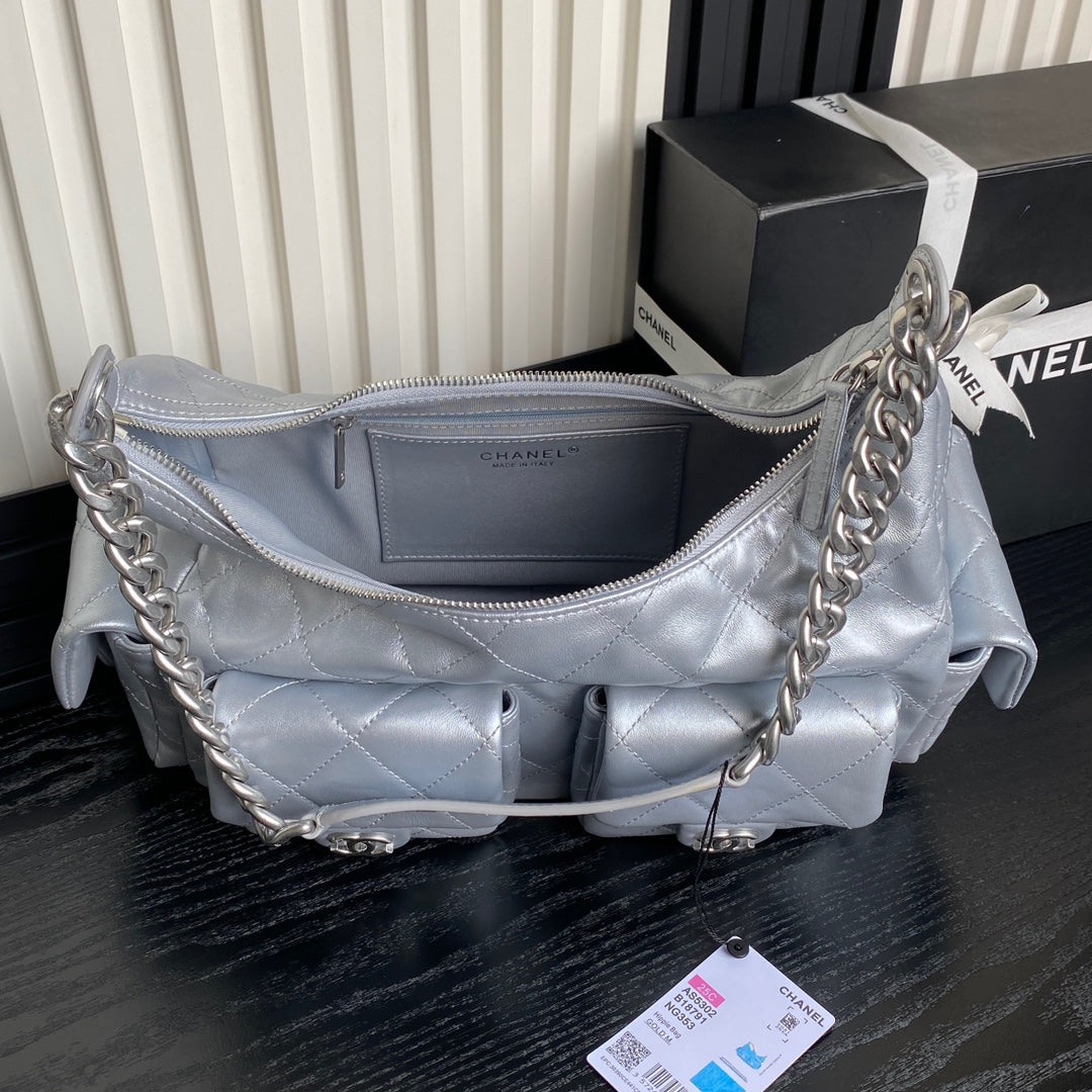 Chanel AS5302 Hobo Shiny Lambskin & Silver-Tone Metal Silver