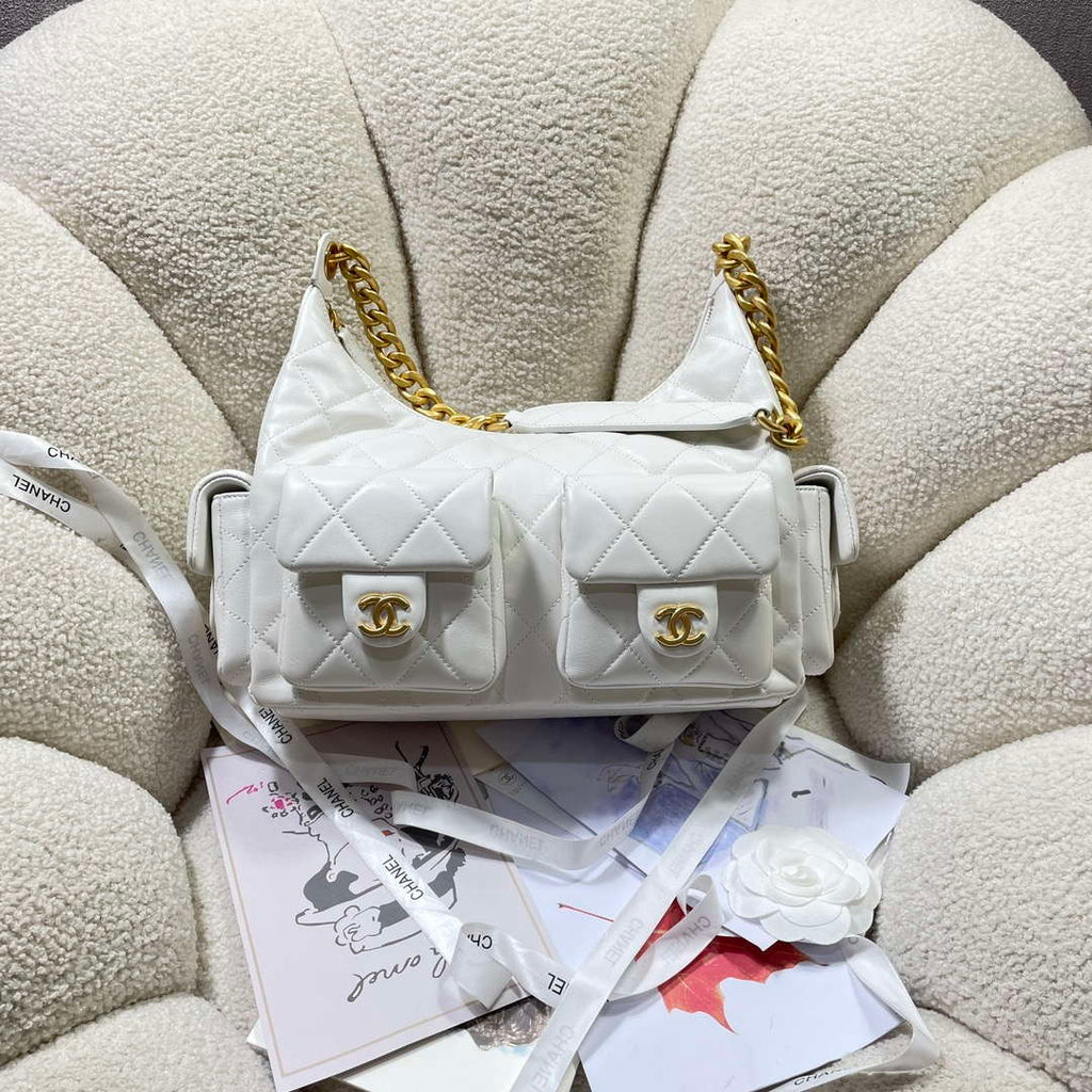 Chanel AS5302 Hobo Shiny Lambskin & Gold-Tone Metal White