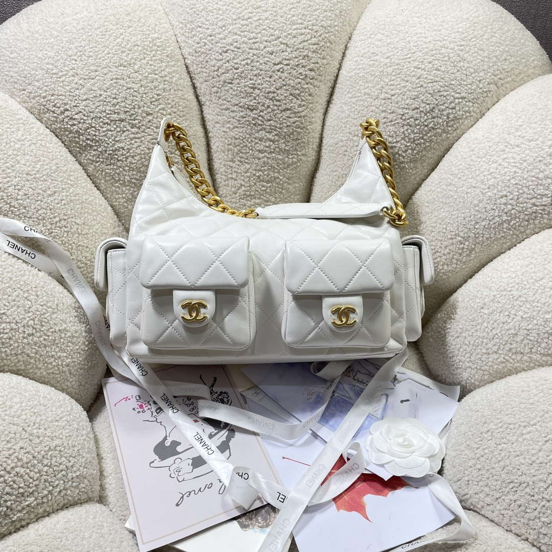 Chanel AS5302 Hobo Shiny Lambskin & Gold-Tone Metal White