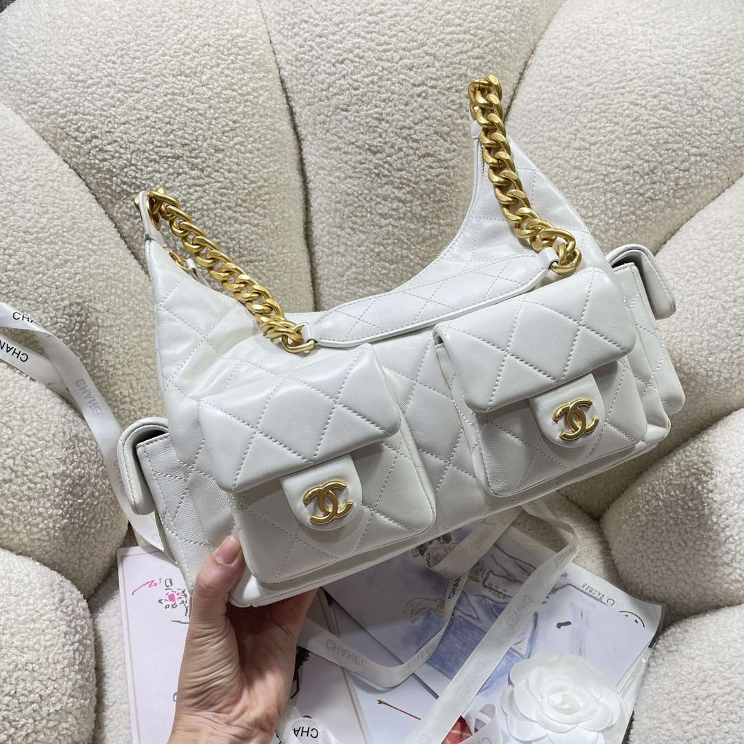 Chanel AS5302 Hobo Shiny Lambskin & Gold-Tone Metal White