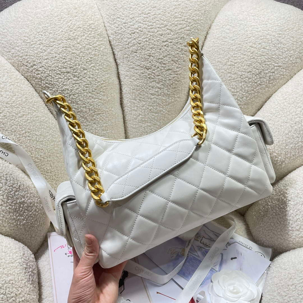 Chanel AS5302 Hobo Shiny Lambskin & Gold-Tone Metal White