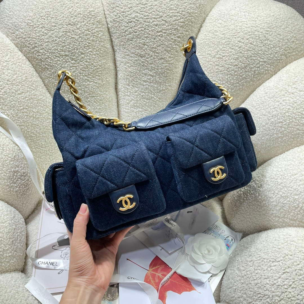 Chanel AS5302 Hobo Shiny  Denim & Gold-Tone Metal Dark blue