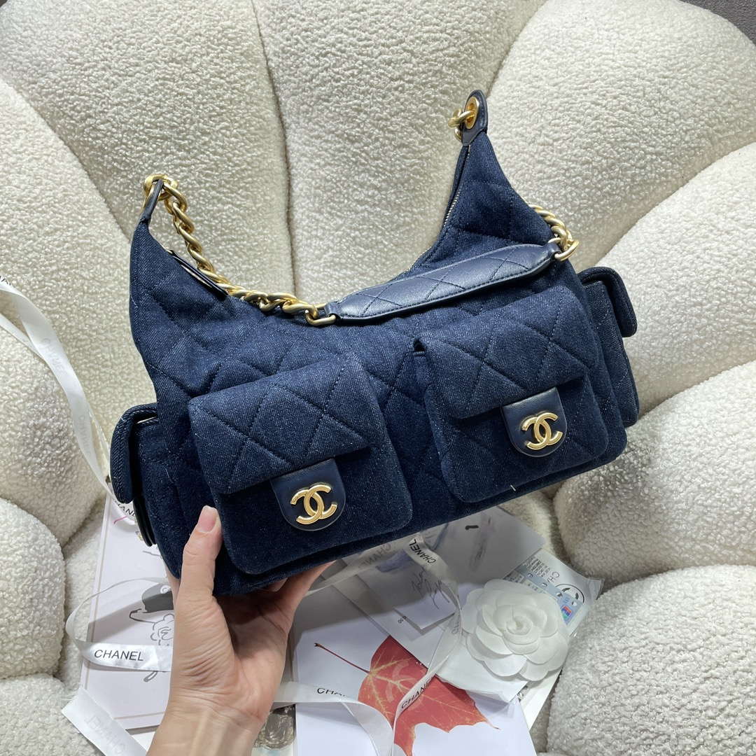 Chanel AS5302 Hobo Shiny  Denim & Gold-Tone Metal Dark blue