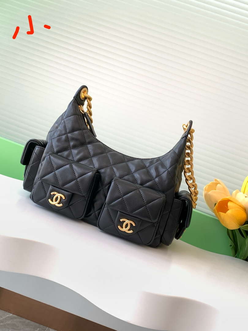 Chanel AS5339 Small Hobo Shiny Lambskin & Gold-Tone Metal Black - Default Title - View 1