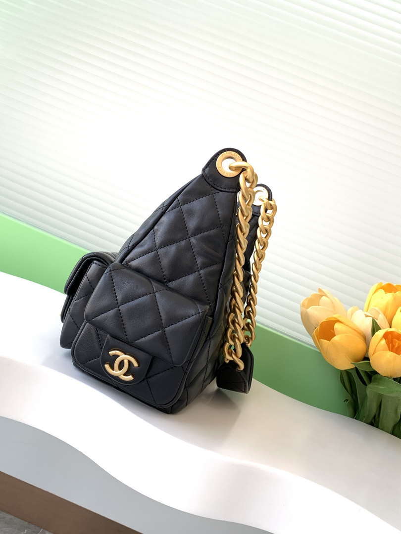 Chanel AS5339 Small Hobo Shiny Lambskin & Gold-Tone Metal Black