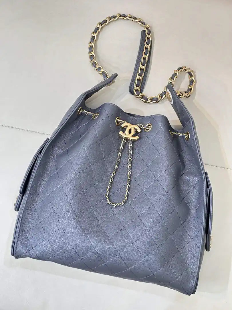 Chanel AS5311 Large Hobo Shiny Calfskin & Gold-Tone Metal Gray