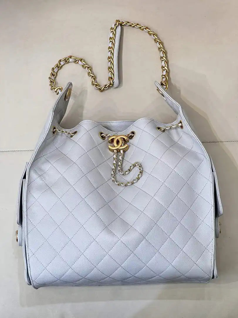 Chanel AS5311 Large Hobo Shiny Calfskin & Gold-Tone Metal Light Gray