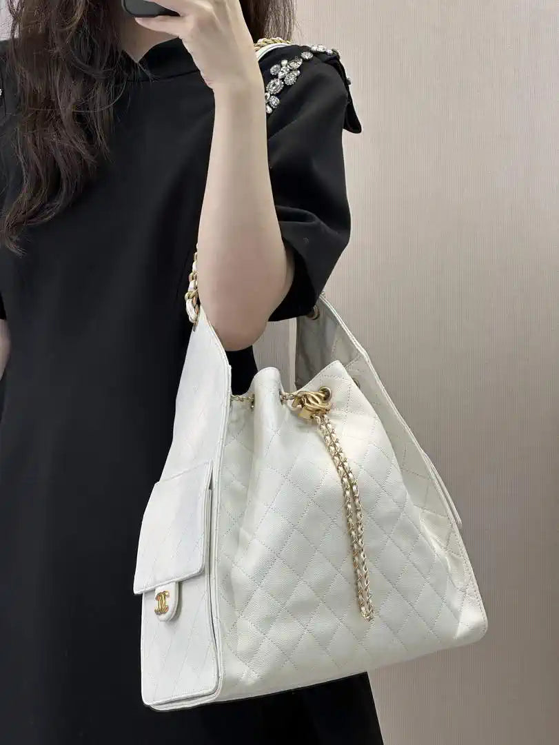 Chanel AS5311 Large Hobo Shiny Calfskin & Gold-Tone Metal White