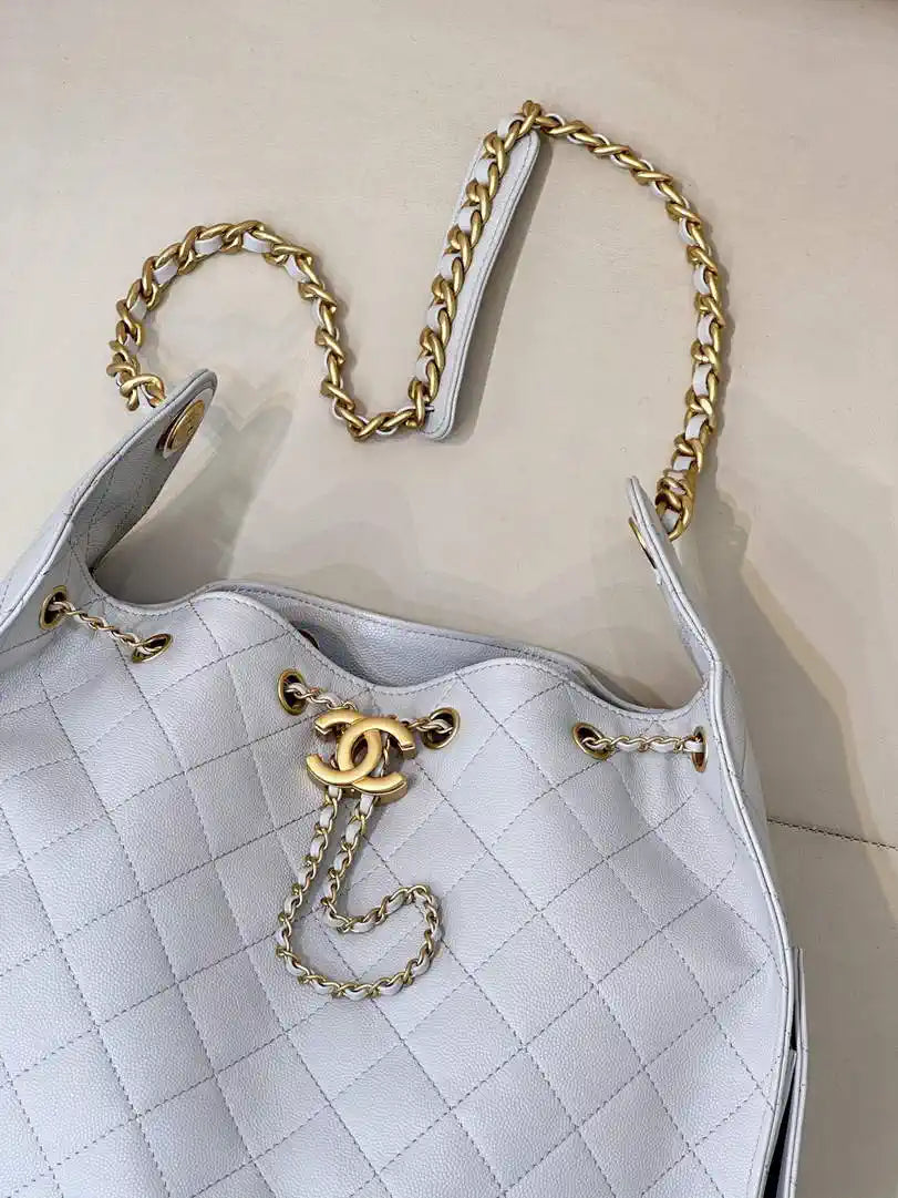 Chanel AS5311 Large Hobo Shiny Calfskin & Gold-Tone Metal Light Gray