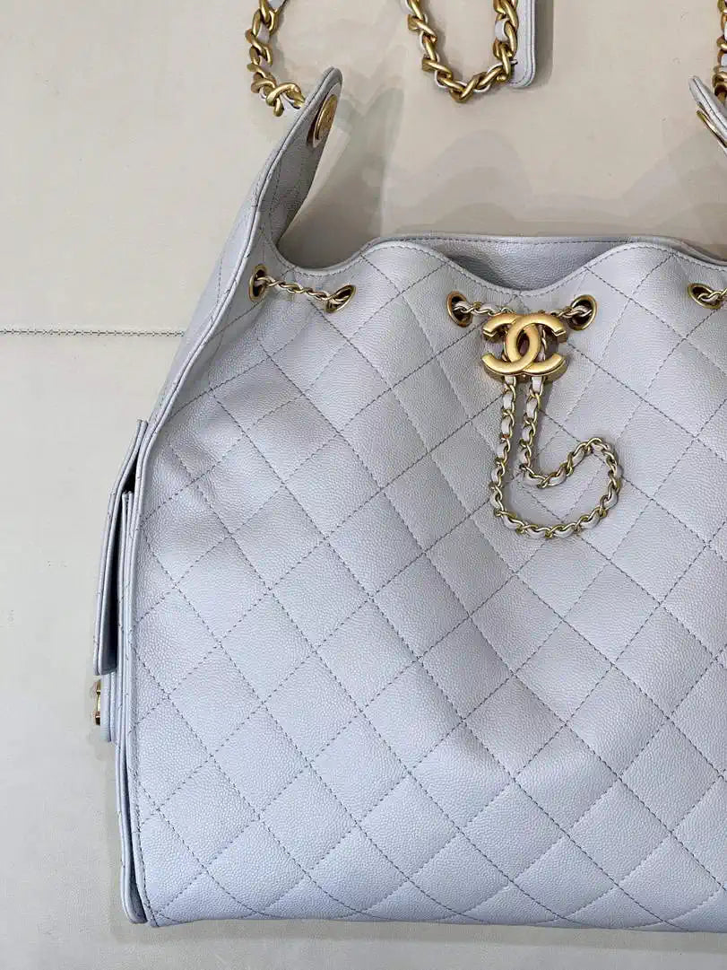 Chanel AS5311 Large Hobo Shiny Calfskin & Gold-Tone Metal Light Gray