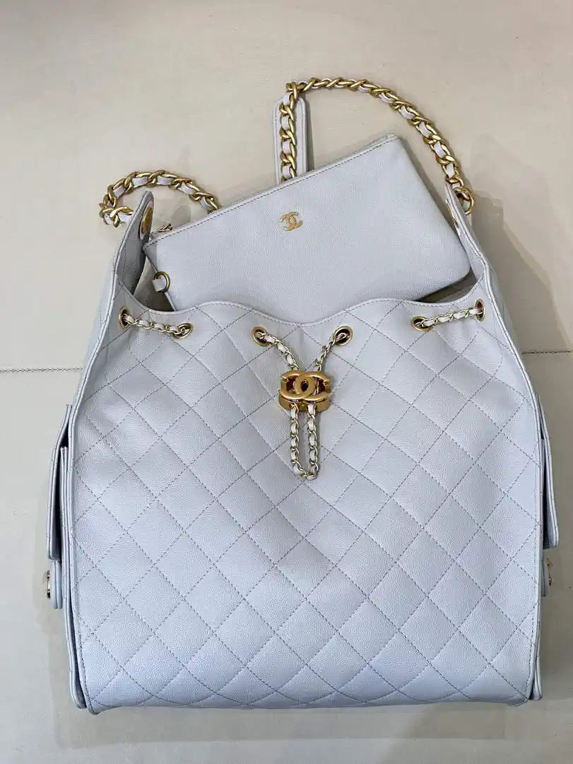Chanel AS5311 Large Hobo Shiny Calfskin & Gold-Tone Metal Light Gray
