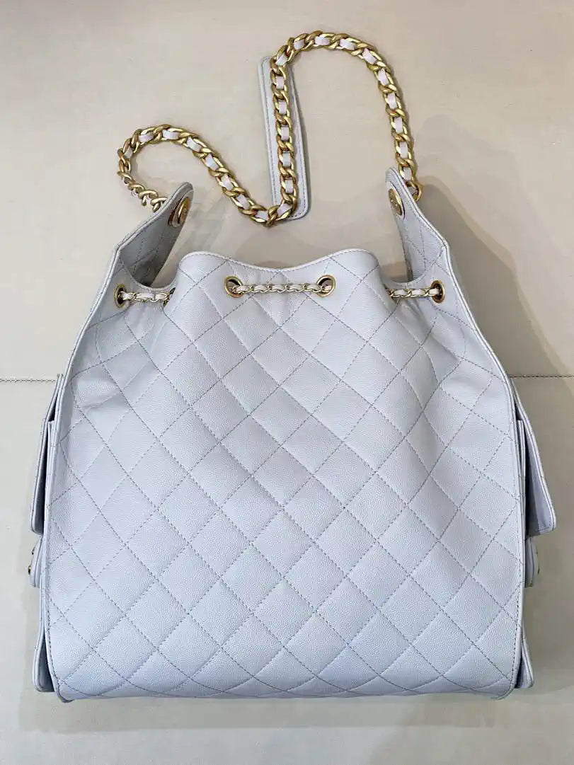 Chanel AS5311 Large Hobo Shiny Calfskin & Gold-Tone Metal Light Gray