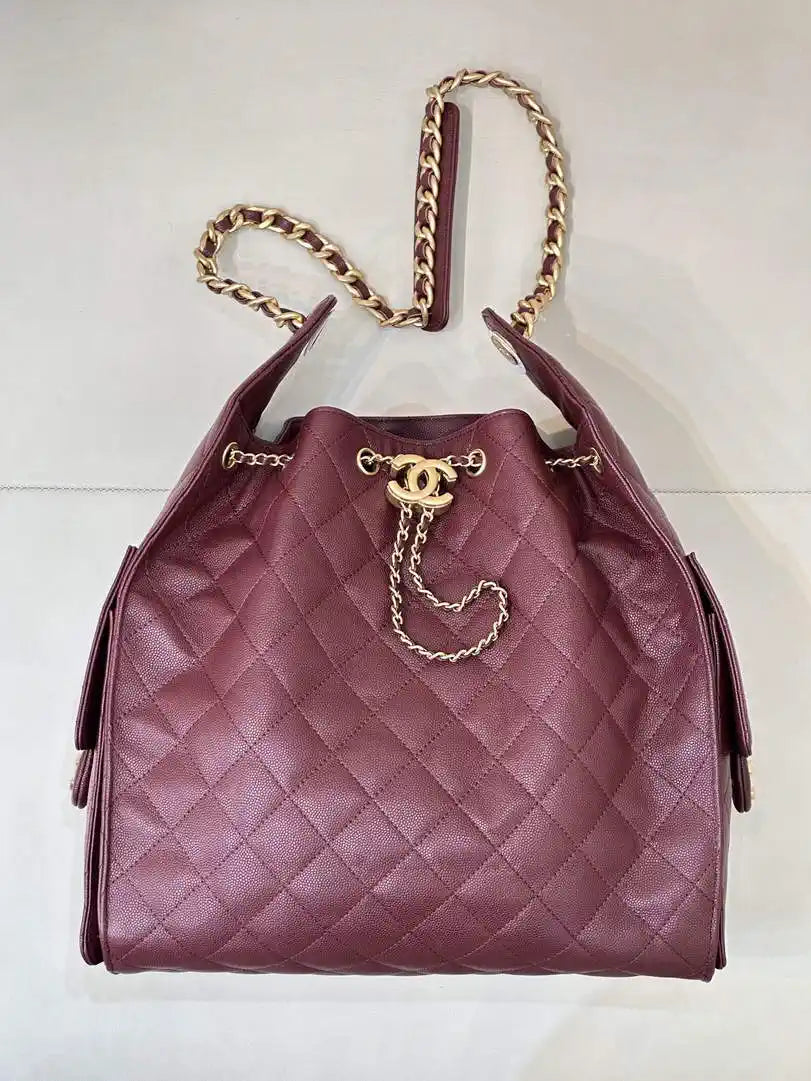 Chanel AS5311 Large Hobo Shiny Calfskin & Gold-Tone Metal Wine Red