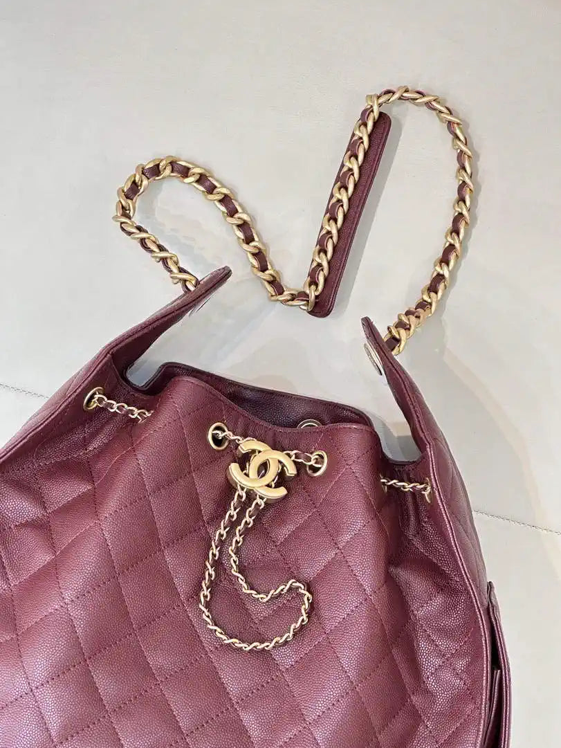 Chanel AS5311 Large Hobo Shiny Calfskin & Gold-Tone Metal Wine Red