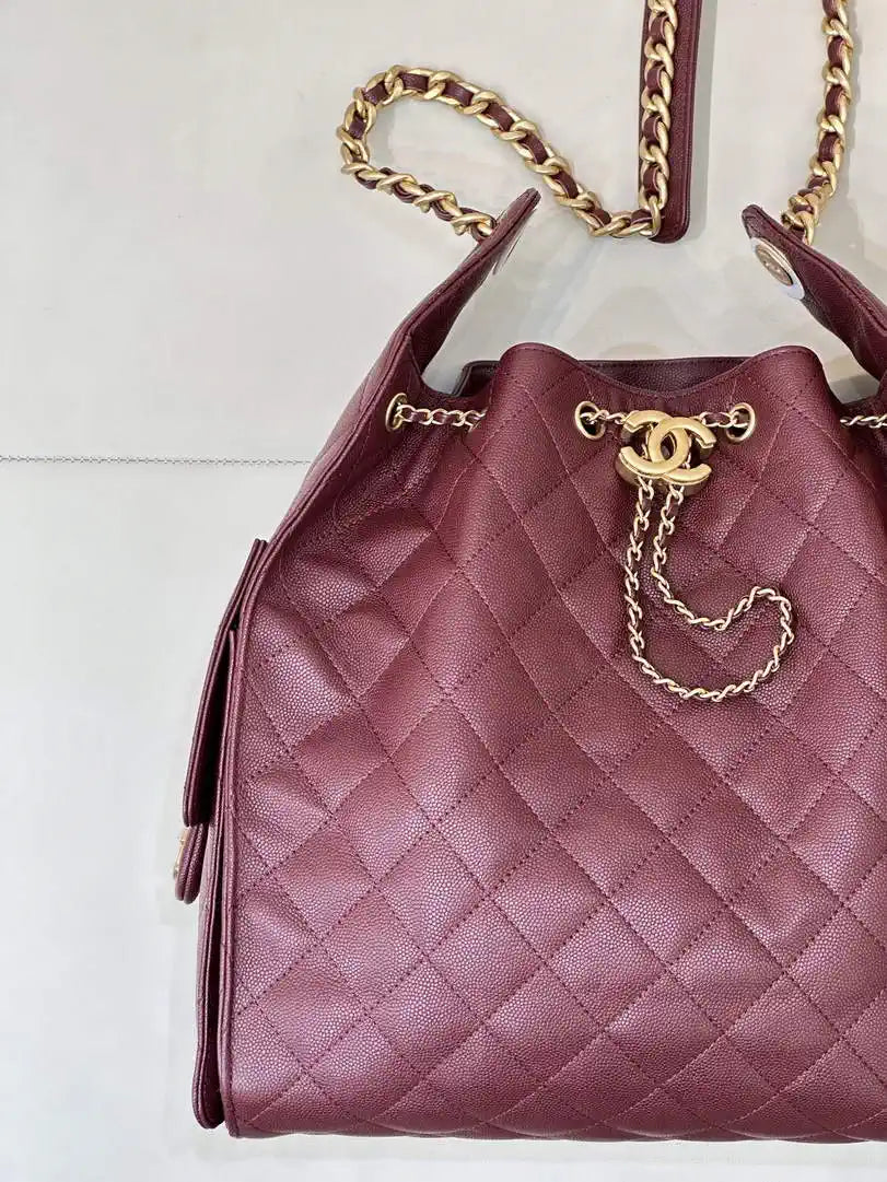 Chanel AS5311 Large Hobo Shiny Calfskin & Gold-Tone Metal Wine Red