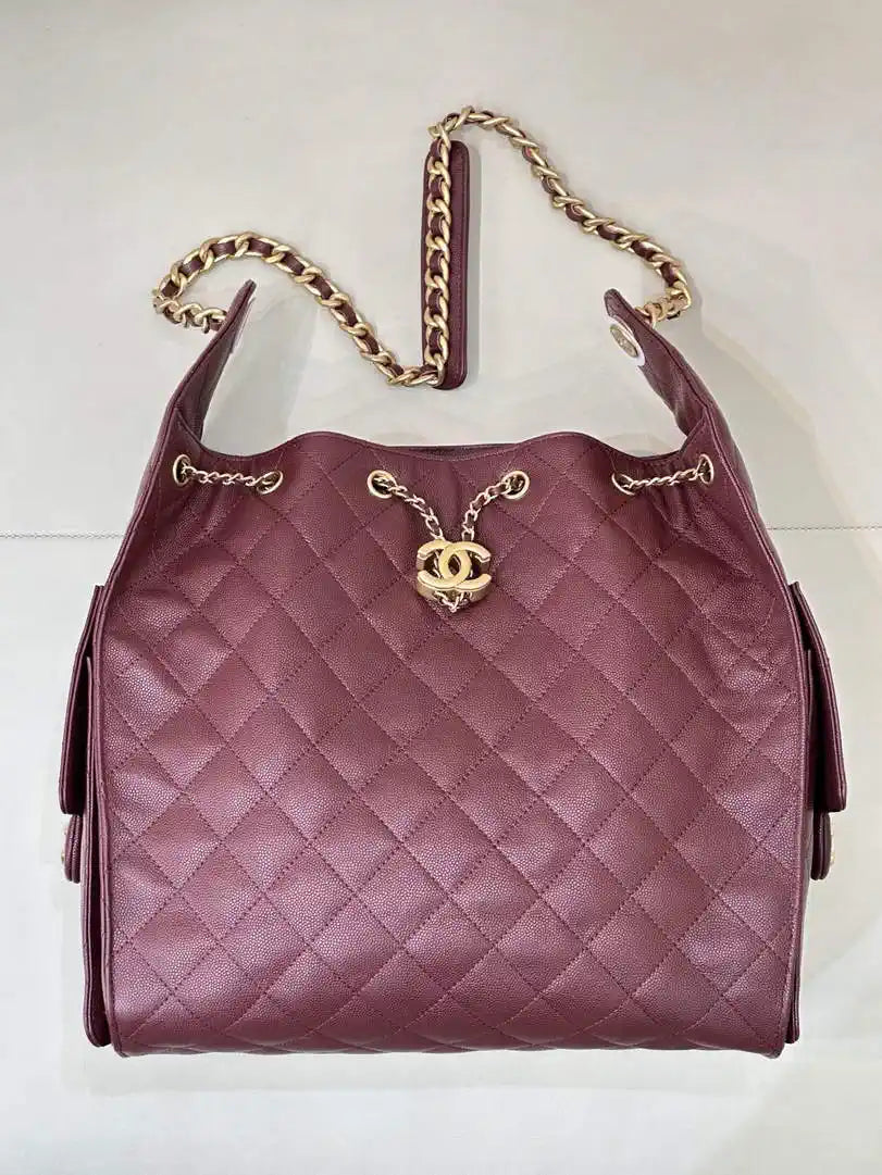 Chanel AS5311 Large Hobo Shiny Calfskin & Gold-Tone Metal Wine Red