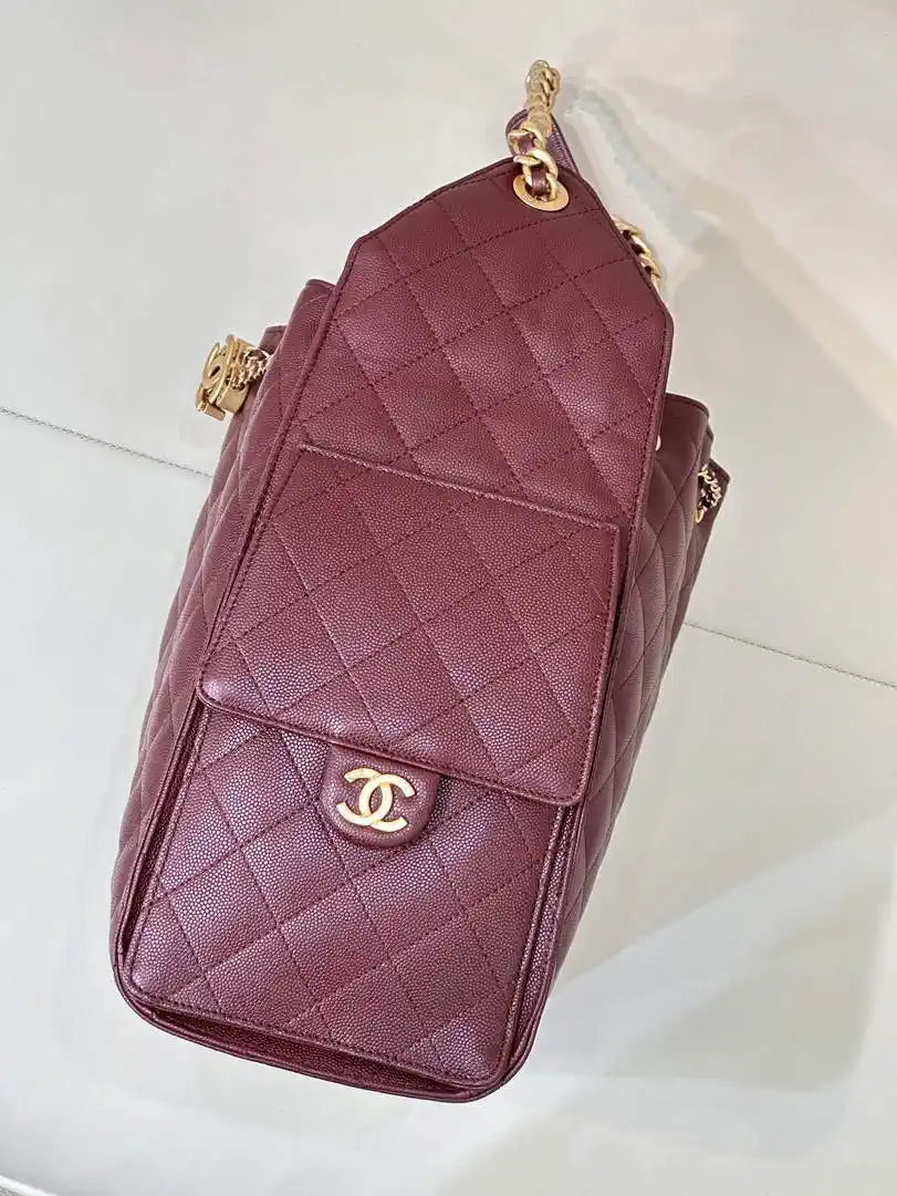 Chanel AS5311 Large Hobo Shiny Calfskin & Gold-Tone Metal Wine Red