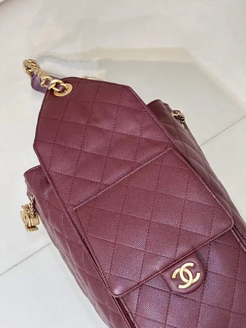 Chanel AS5311 Large Hobo Shiny Calfskin & Gold-Tone Metal Wine Red