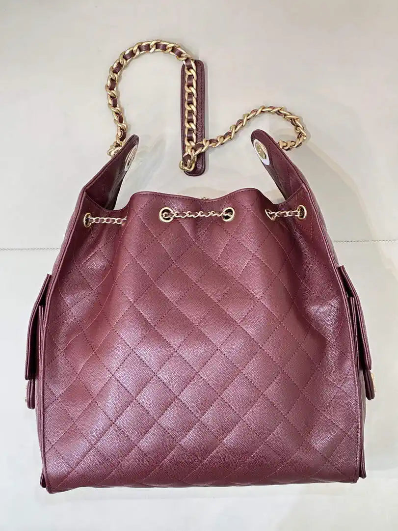 Chanel AS5311 Large Hobo Shiny Calfskin & Gold-Tone Metal Wine Red