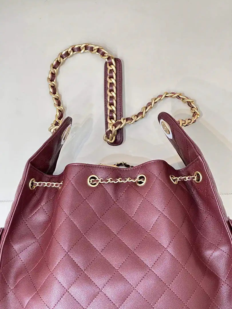 Chanel AS5311 Large Hobo Shiny Calfskin & Gold-Tone Metal Wine Red