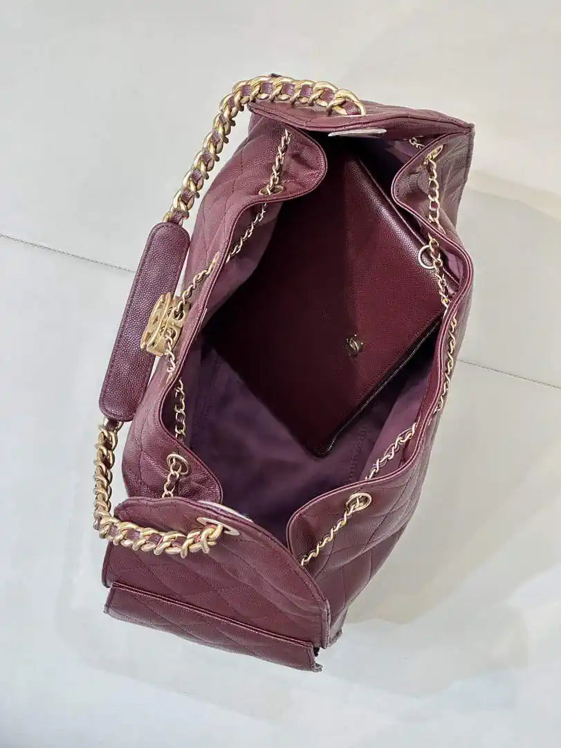 Chanel AS5311 Large Hobo Shiny Calfskin & Gold-Tone Metal Wine Red