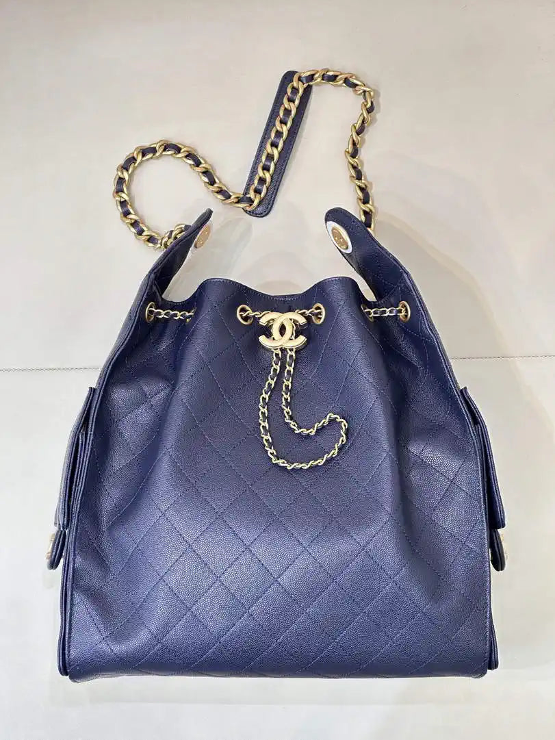 Chanel AS5311 Large Hobo Shiny Calfskin & Gold-Tone Metal Navy Blue