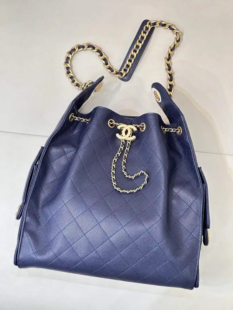Chanel AS5311 Large Hobo Shiny Calfskin & Gold-Tone Metal Navy Blue