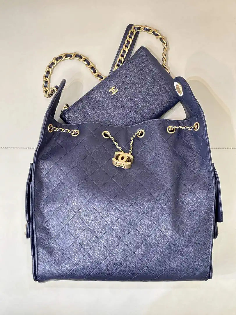 Chanel AS5311 Large Hobo Shiny Calfskin & Gold-Tone Metal Navy Blue