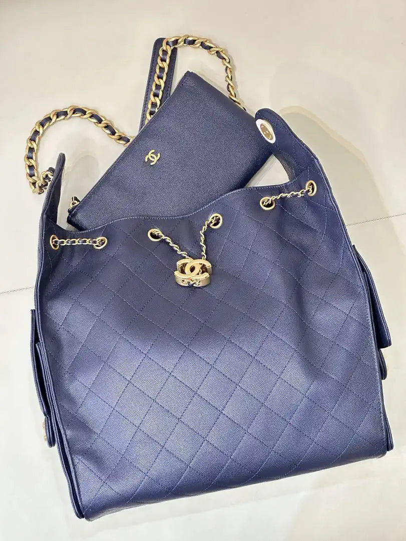 Chanel AS5311 Large Hobo Shiny Calfskin & Gold-Tone Metal Navy Blue