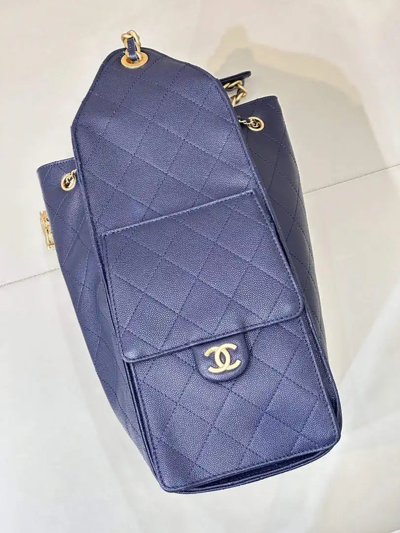 Chanel AS5311 Large Hobo Shiny Calfskin & Gold-Tone Metal Navy Blue