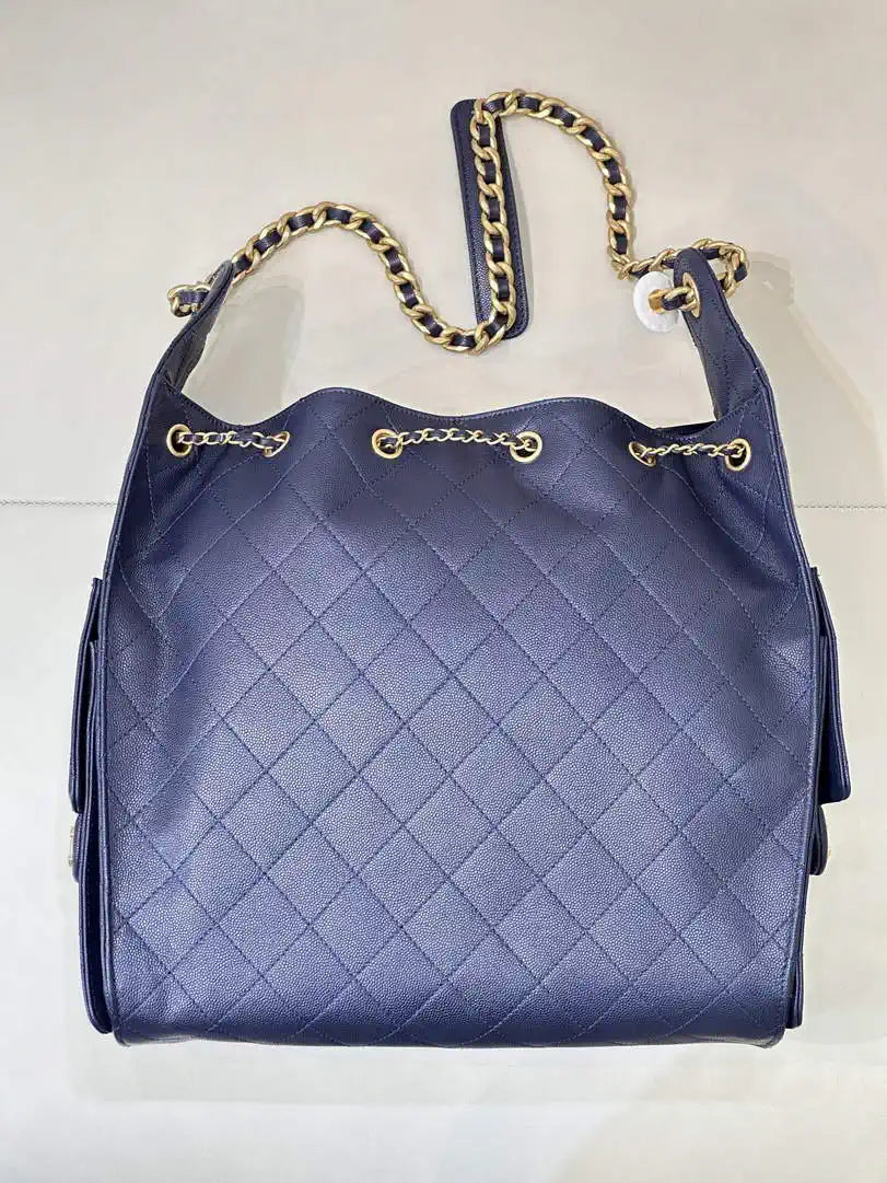 Chanel AS5311 Large Hobo Shiny Calfskin & Gold-Tone Metal Navy Blue