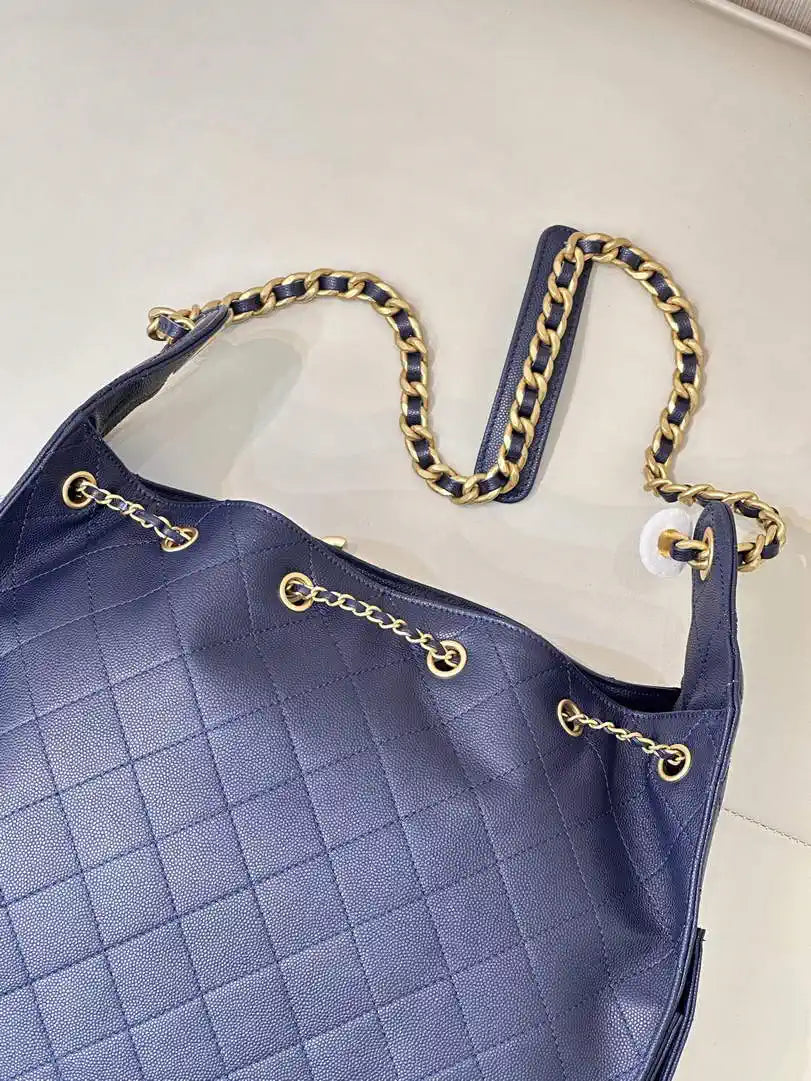 Chanel AS5311 Large Hobo Shiny Calfskin & Gold-Tone Metal Navy Blue