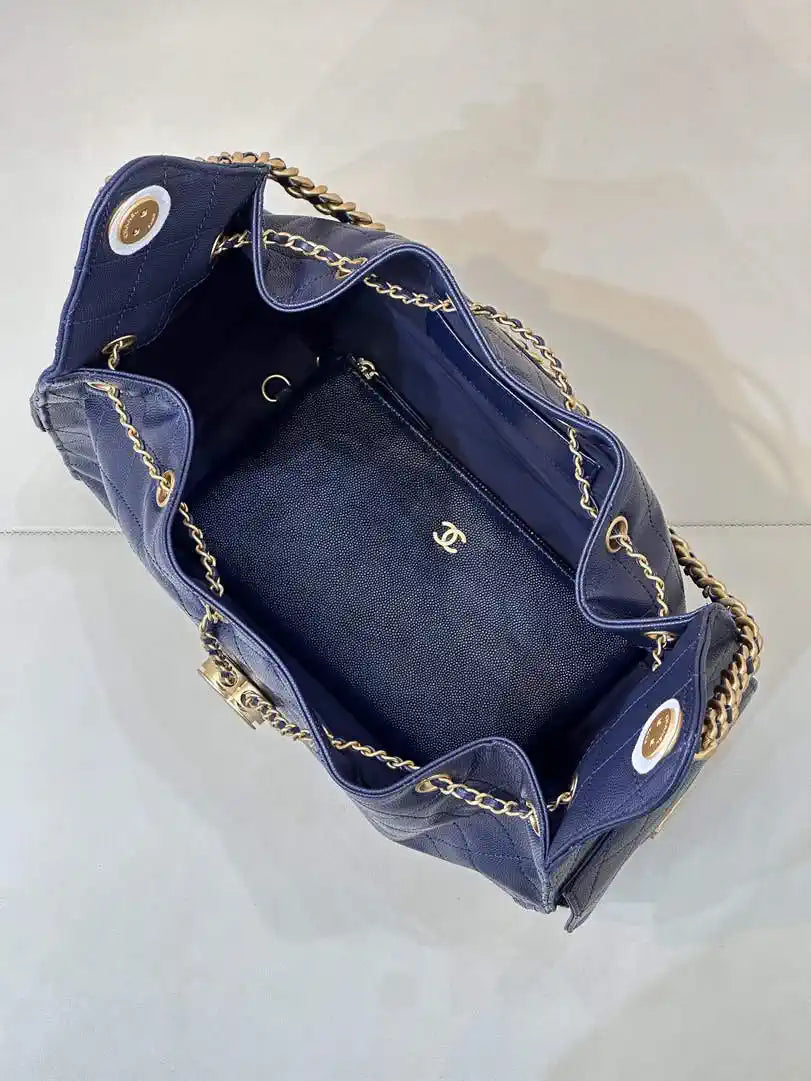Chanel AS5311 Large Hobo Shiny Calfskin & Gold-Tone Metal Navy Blue
