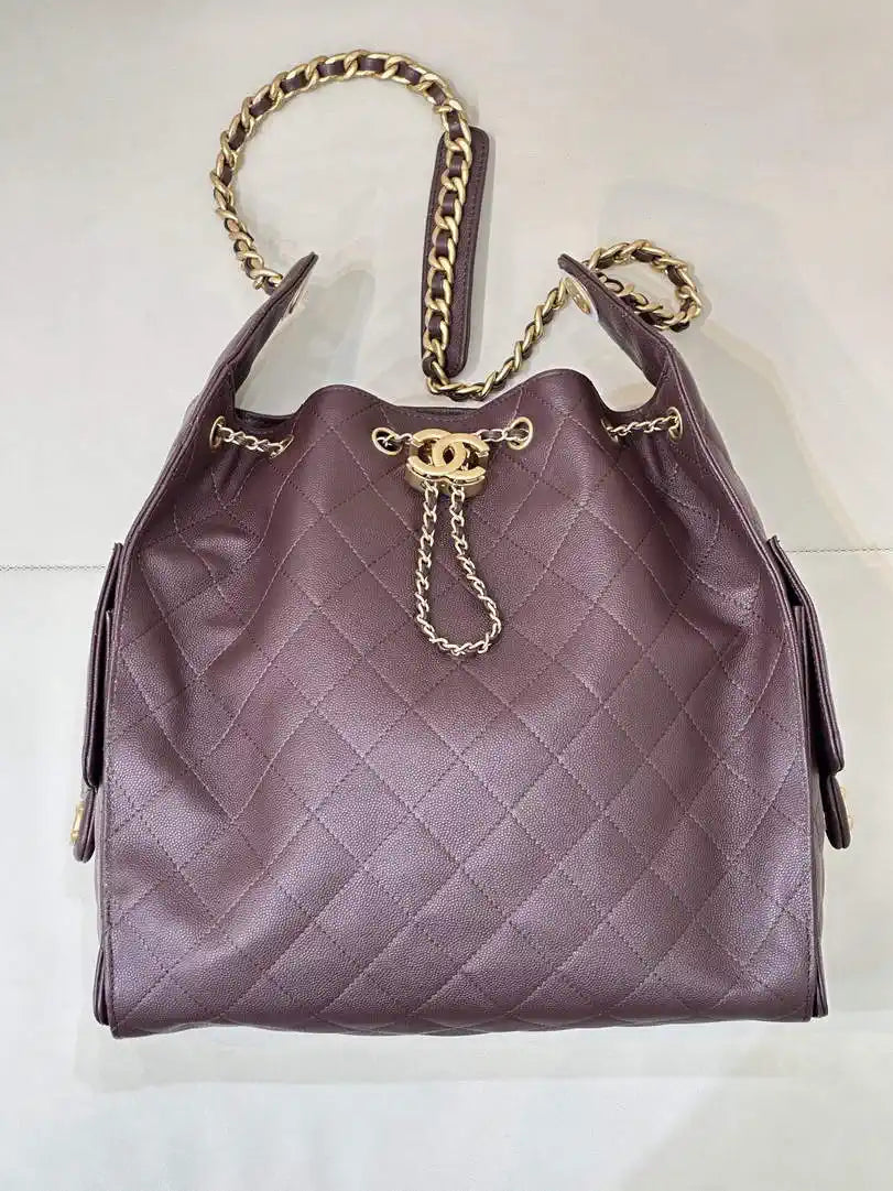 Chanel AS5311 Large Hobo Shiny Calfskin & Gold-Tone Metal coffee Brown