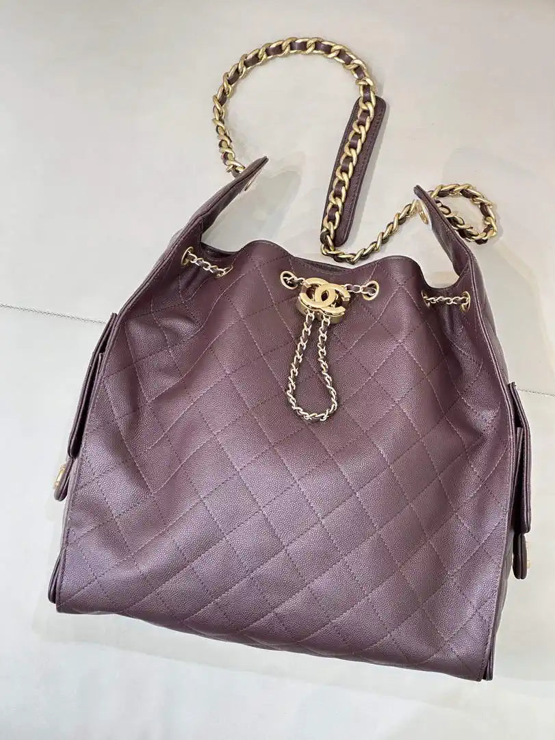 Chanel AS5311 Large Hobo Shiny Calfskin & Gold-Tone Metal coffee Brown