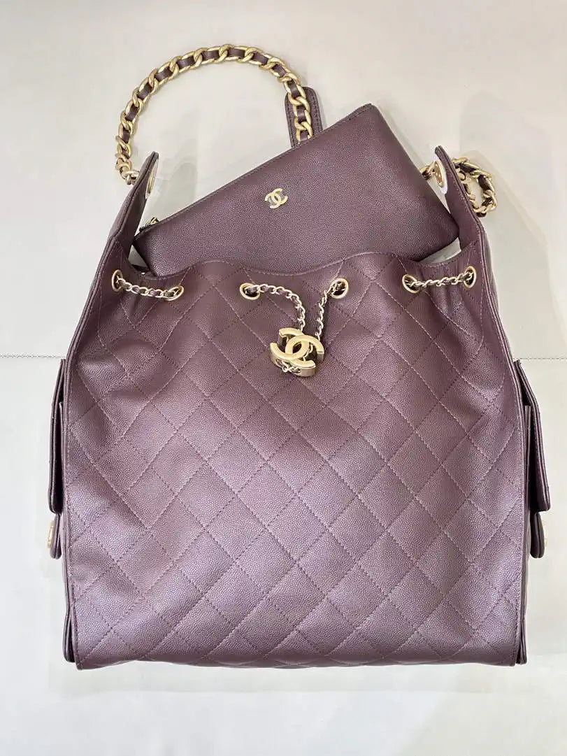 Chanel AS5311 Large Hobo Shiny Calfskin & Gold-Tone Metal coffee Brown