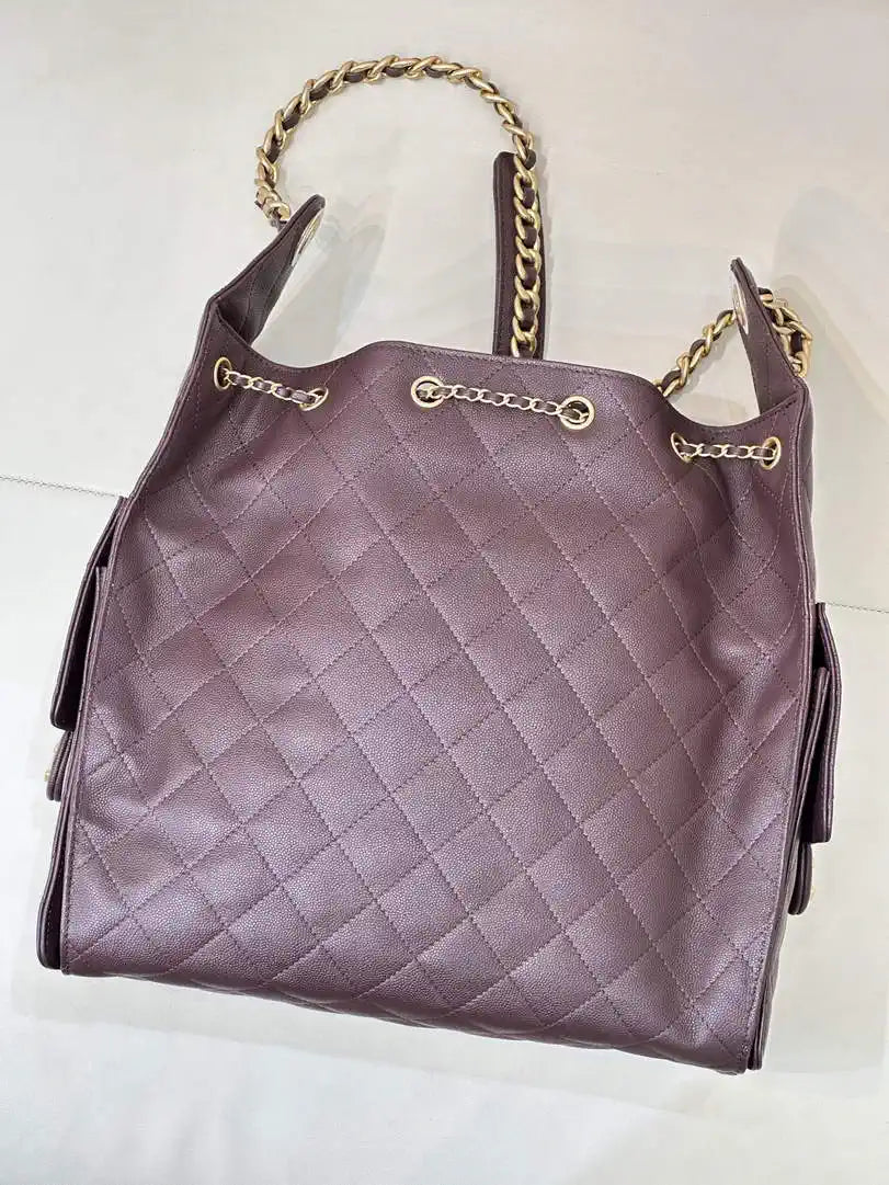 Chanel AS5311 Large Hobo Shiny Calfskin & Gold-Tone Metal coffee Brown
