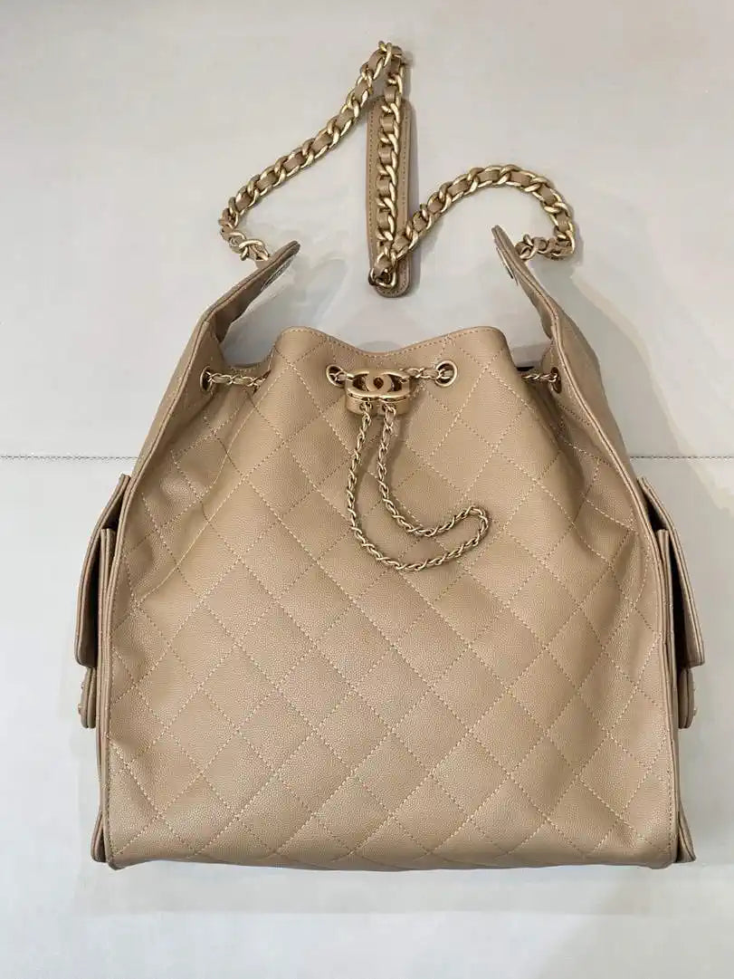 Chanel AS5311 Large Hobo Shiny Calfskin & Gold-Tone Metal Khaki