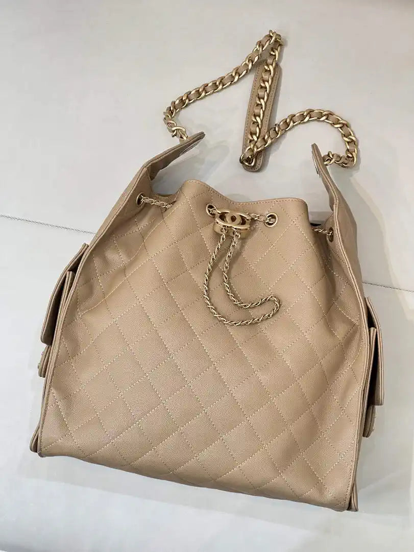 Chanel AS5311 Large Hobo Shiny Calfskin & Gold-Tone Metal Khaki