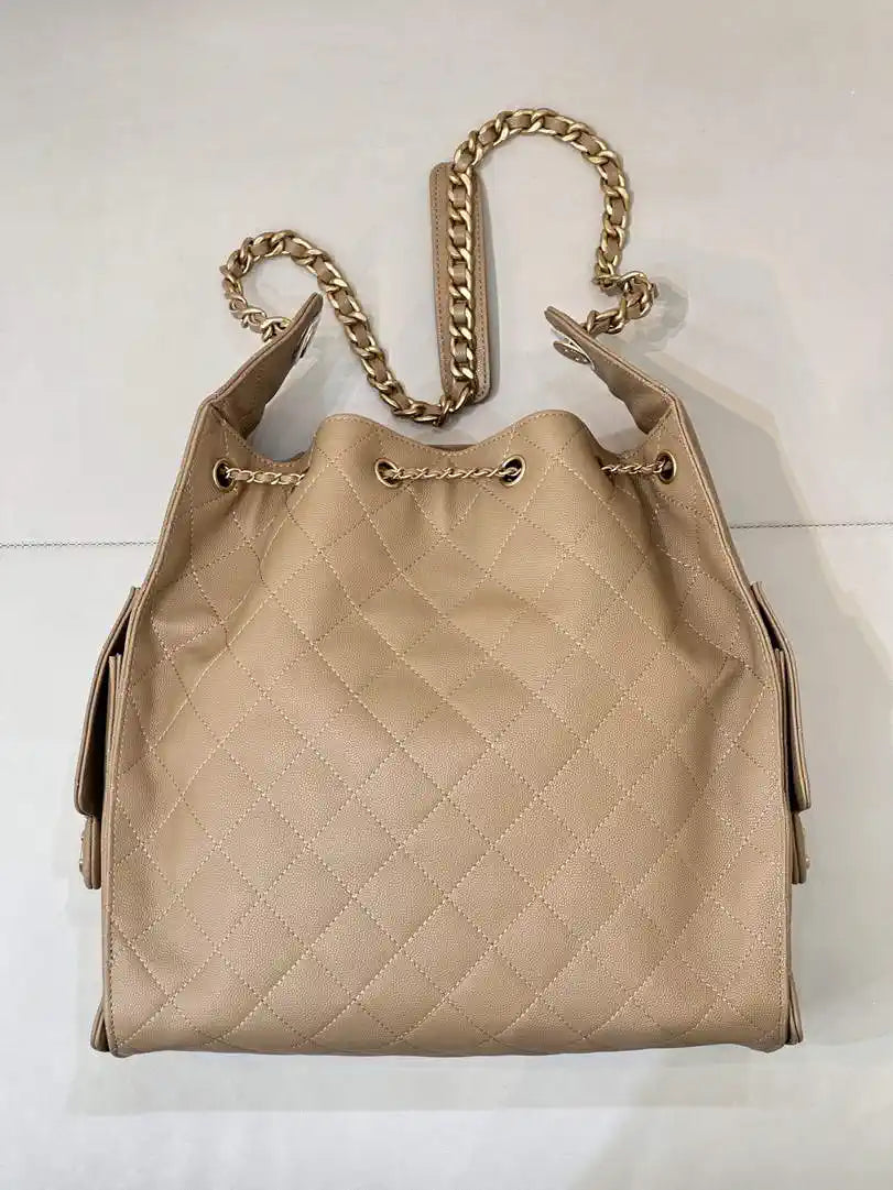 Chanel AS5311 Large Hobo Shiny Calfskin & Gold-Tone Metal Khaki