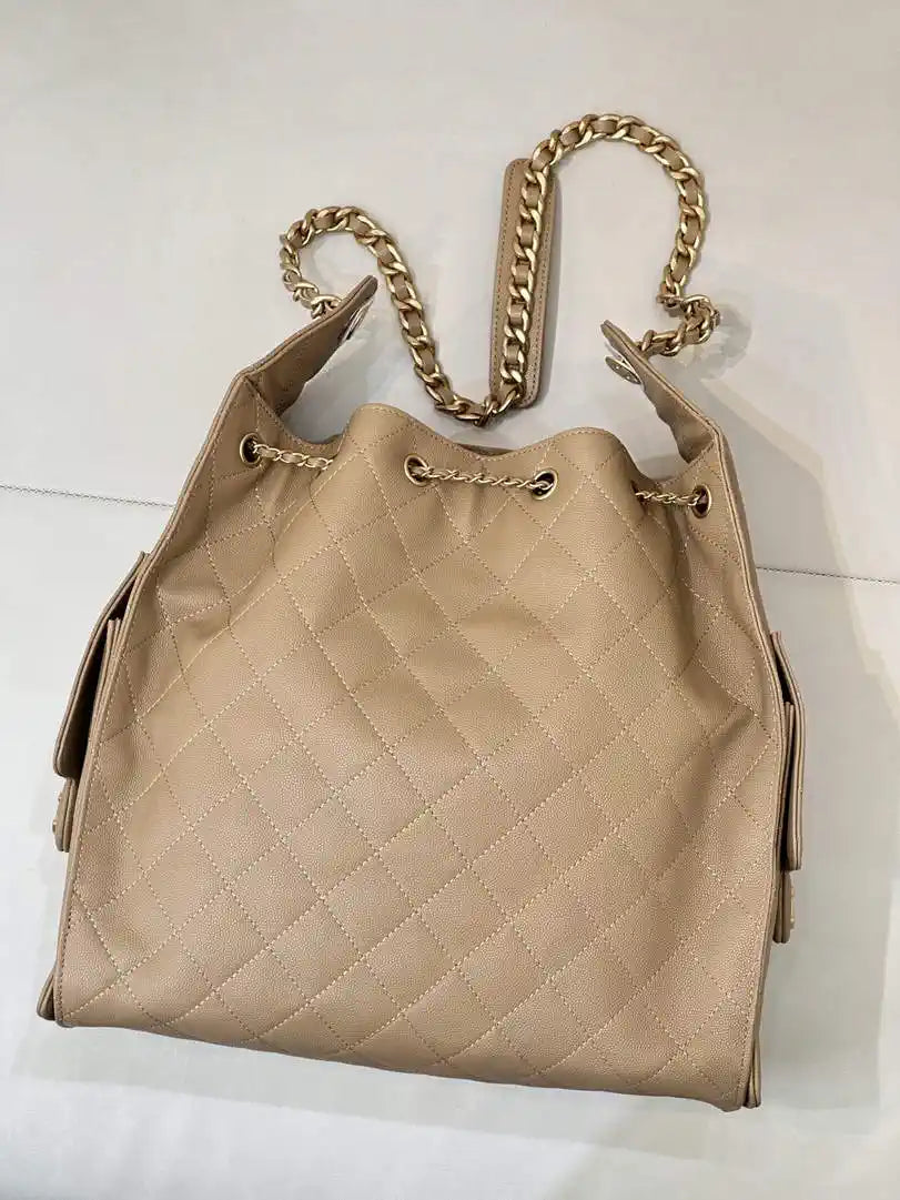 Chanel AS5311 Large Hobo Shiny Calfskin & Gold-Tone Metal Khaki