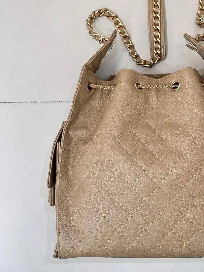 Chanel AS5311 Large Hobo Shiny Calfskin & Gold-Tone Metal Khaki