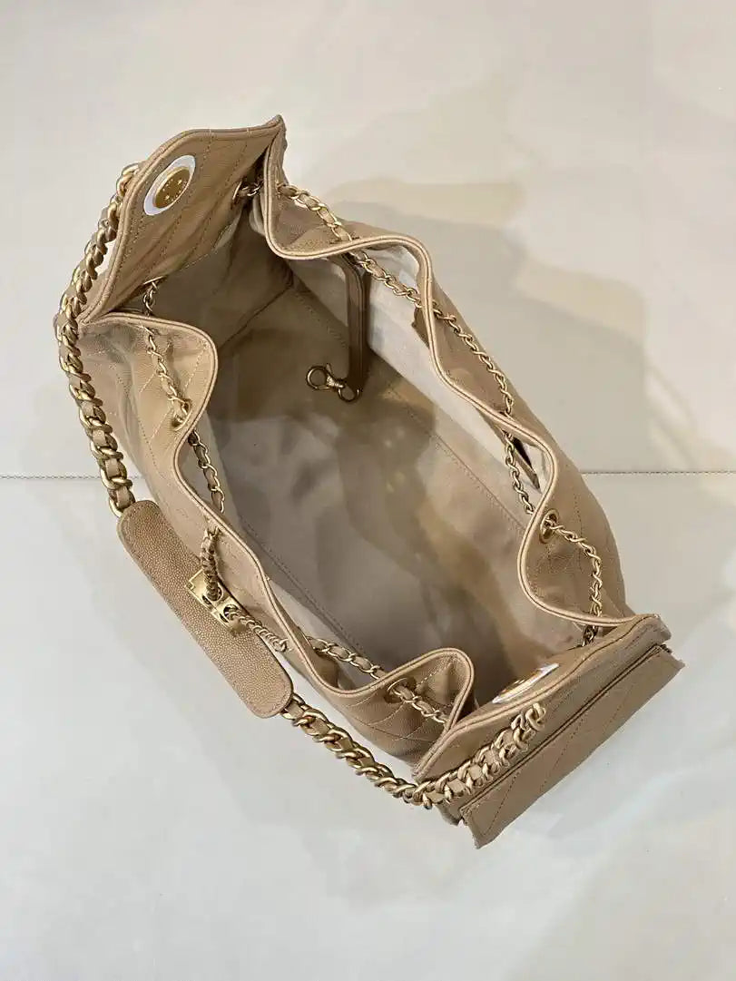 Chanel AS5311 Large Hobo Shiny Calfskin & Gold-Tone Metal Khaki